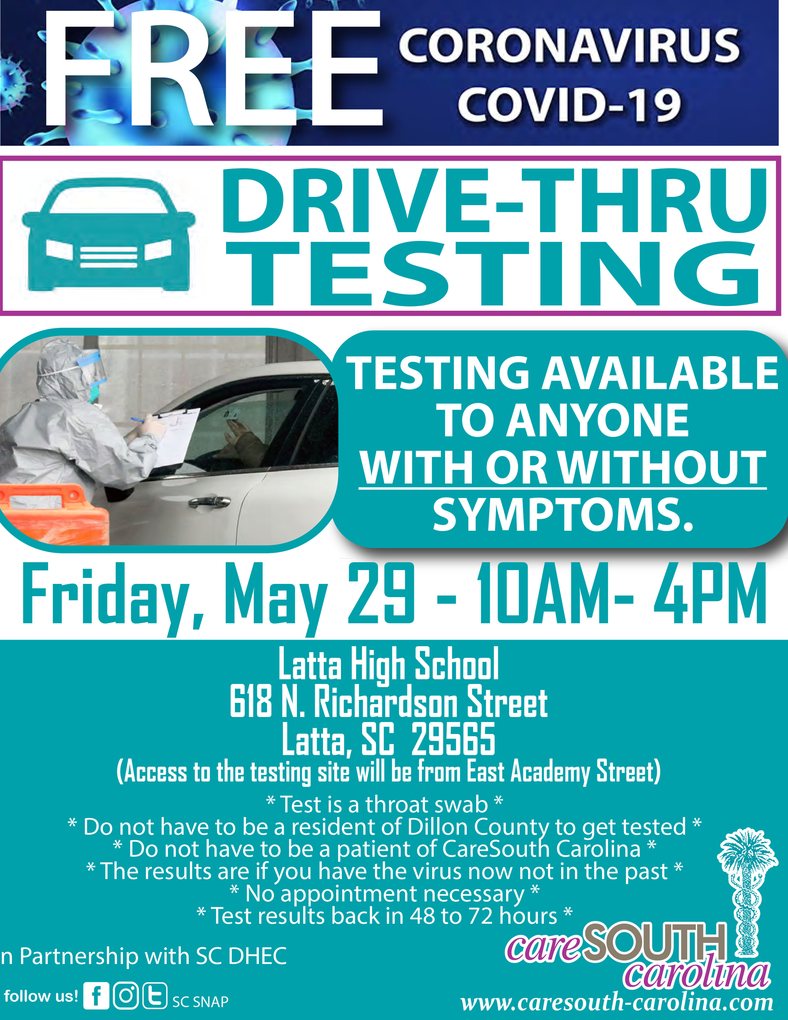 CareSouth Carolina, SCDHEC to offer free COVID19 testing in Latta